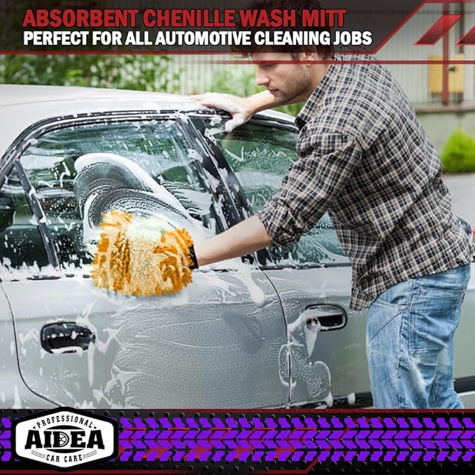 AIDEA Car Wash Mitt Microfiber, 1PK Scratch Free Lint-Free, Premium Chenille Microfiber Mitt Car Wash Brush, Orange, Regular Size 7.12''X10.14''