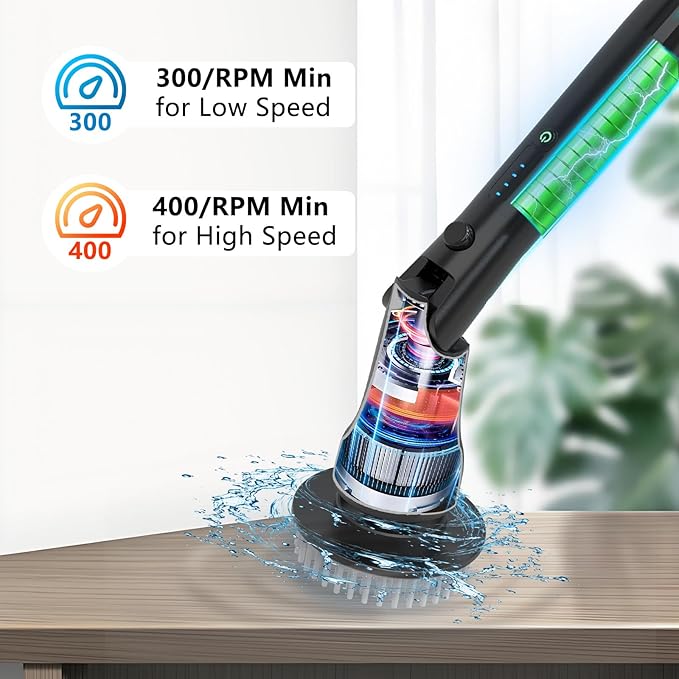 Hillyfe Black Electric Spin Scrubber, Cordless Shower Scrubber with Long Handle, Power Tub & Floor Scrubber, Shower Cleaner Brush for Bathroom, Grout and Tile, 7 Heads, IPX7 Waterproof