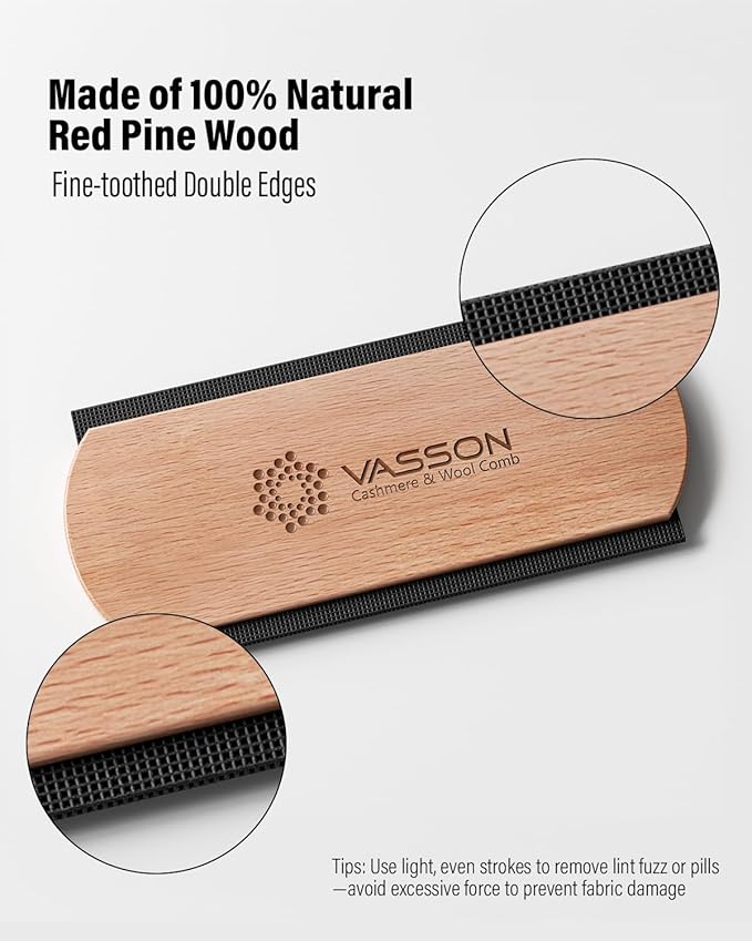 VASSON Cashmere Comb for Sweaters & Wool - Thicker Solid Beechwood Handle Fabric Shaver - 20% Larger Manual Depiller & Fuzz Remover for Knits, Scarves, and Coats (Dual-Sided Design)
