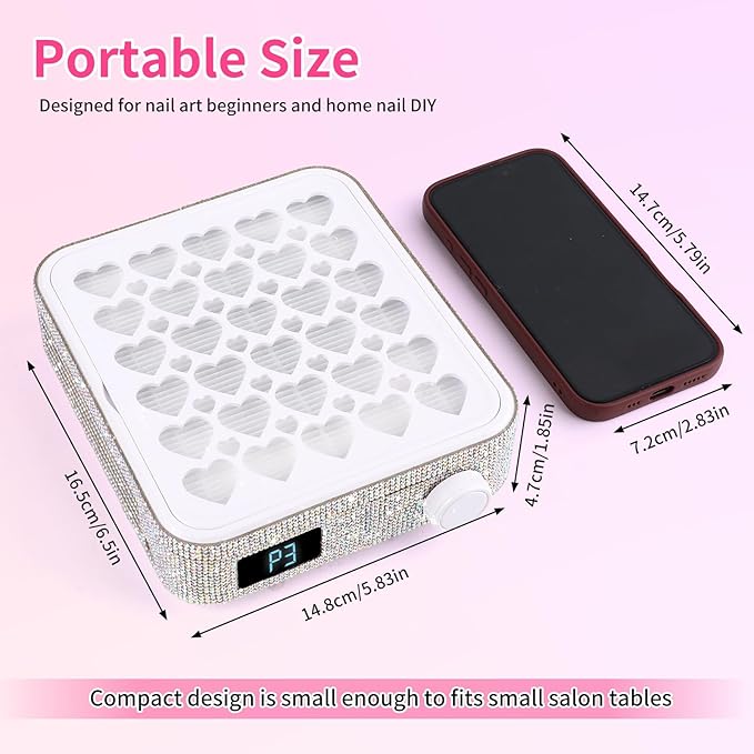 BQAN Nail Dust Collector Portable for Home & Salon - 4200RPM Vacuum with Reusable Filter, for Acrylic Drilling Dust Beginner Friendly Small Manicure Tool (White AB Rhinestones)