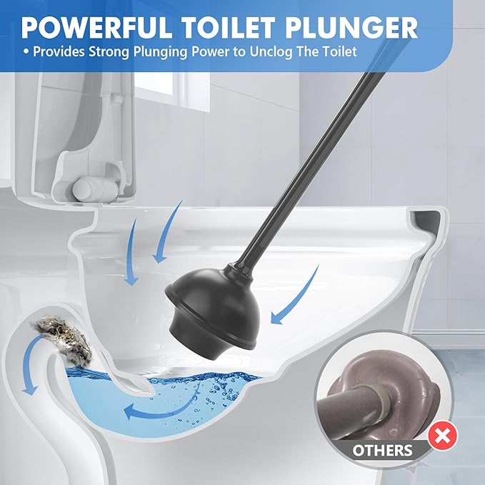 LOVLOY Toilet Plunger and Brush with Holder, Bowl Brush and Heavy Duty Toilet Plunger Set with Ventilated Holder, 2-in-1 Toilet Brush and Plunger Combo for 5.3-inch Toilet Drain New Pack (Black, 1)