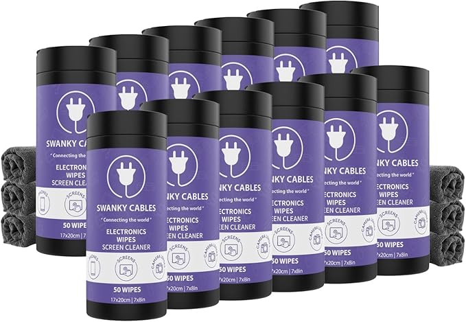 Swanky Cables Screen Cleaner Wipes: Electronic Wipes for Screens - Computer Screen Wipes for Lens, Phone, TV Screen and Monitor Cleaning - Tech Wipes & Microfiber Cloth (Canister, 600 Count)