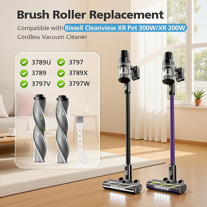 iSingo 3789X Brush Roll Replacement Compatible with Bissell Cleanview XR Pet 300W / XR 200W / Powerlifter Turbo Cordless Stick Vacuum, Model# 3797V, 3789U, 3789, 3789X, 3797, 3797W, 2 Pack, Grey