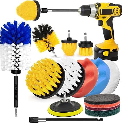 15Pcs Drill Brush Attachment Set, Drill Scrubber Brush Kit Include Soft Drill Wheel Brush, Scrub Pads, Sponge, Drill Cle