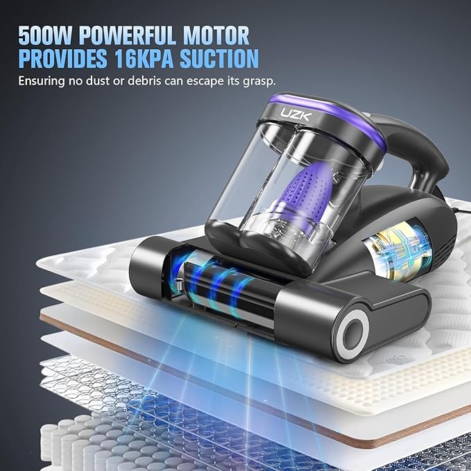 Bed Vacuum Cleaner Mattress Vacuum Cleaner,16Kpa Powerful Handheld Vacuums with UV-C Light & Double Dust Cup & High Heating & Ultrasonic & HEPA Filter for Bed Sofa(Corded,Black)