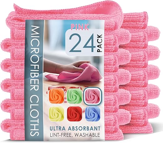 Hearth & Harbor Microfiber Cleaning Cloth Microfiber Towels for Cars 24 Pack Washcloths Pink Cleaning Rags Reusable Micr