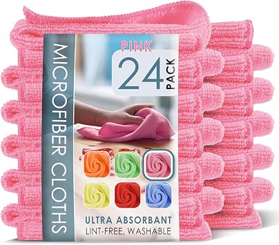 Hearth & Harbor Microfiber Cleaning Cloth Microfiber Towels for Cars 24 Pack Washcloths Pink Cleaning Rags Reusable Micr