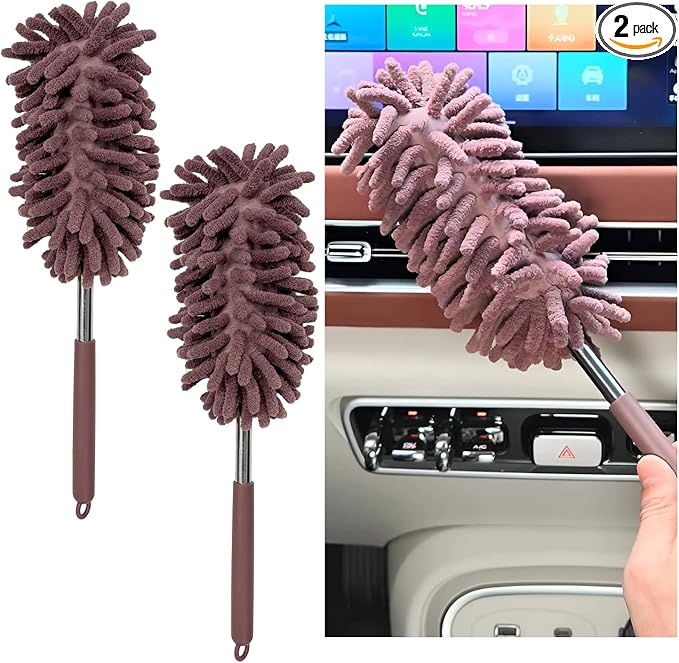 2PCS Car Interior Duster with Extension Pole, 11.8" to 30.5" Retractable Dusters Auto Dash Cleaning Tool, Soft Chenille Hand Washable Dusters for Car Window Furniture Office (Khaki)