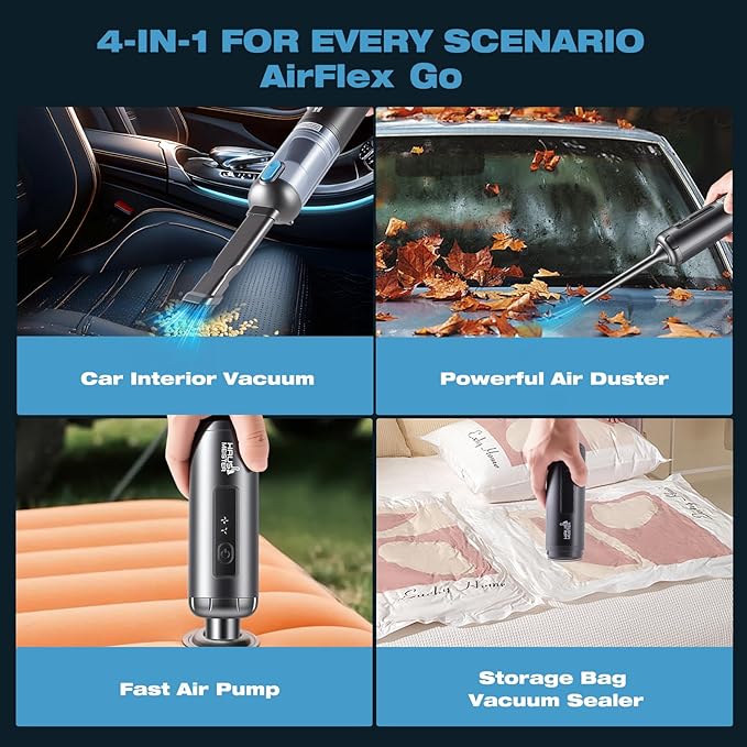 HAUSMEISTER Airflex Go Cordless Car Vacuum 16000Pa, 4-in-1 Handheld Vacuum with Air Duster & Inflator, Portable Mini Vac for Car Detailing, Pet Hair, Keyboard Cleaning (Black)