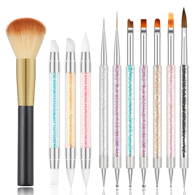 11PCS Nail Art Brush Set with Nail Dust Brush, Double-Ended Silicone Nail Art Tools for Acrylic Nails, Carving, Painting, Line Drawing, DIY Salon Manicure