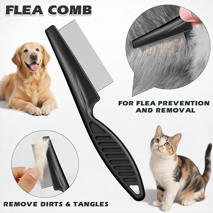 3PCS Pet Grooming Rake & Metal Comb & Flea Comb for Cats and Dogs, Double-Sided Dematting Tool, Extra-Wide Deshedding Dog Brush for Long Hair to Effectively Remove Tangles, Knots and Mats (Black)