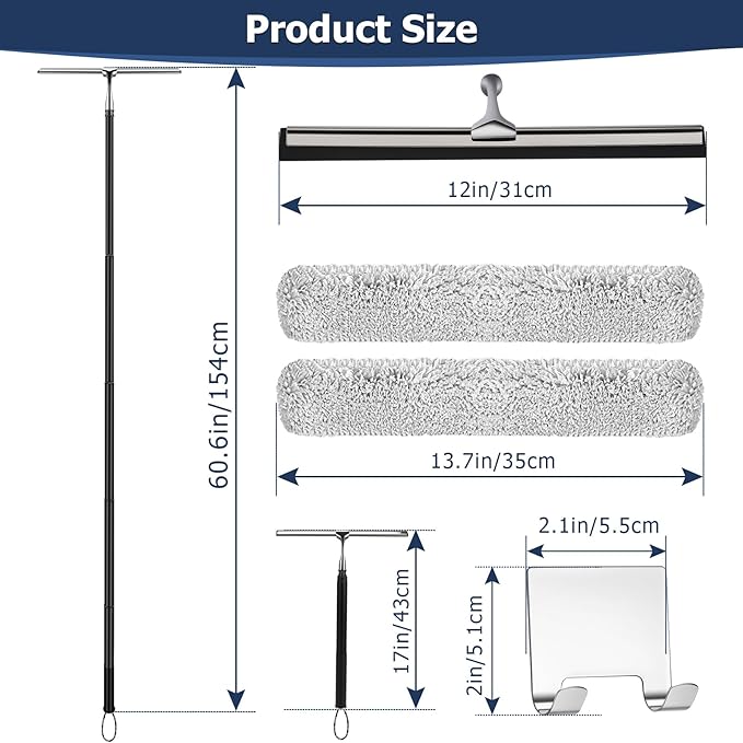 17'' - 60'' Metal Squeegee with Extension Pole for Window,Glass Door,Mirror, 12'' Wide Telescopic Shower Squeegee Cleaner with Long Handle (60'' Telescopic Pole Squeegee)