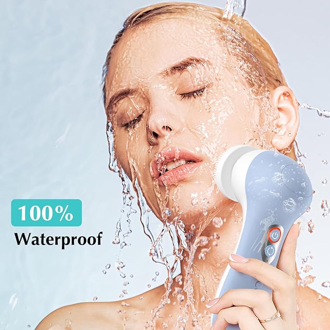 COSLUS FBX04 Powered Facial Cleansing Brush: Rechargeable Electric Face Cleanser for Sensitive & Acne-Prone Skin, 3 Brush Heads, 3 Speeds, 2-Direction Rotation, for Men Women IPX7, Deep Cleaning Blue
