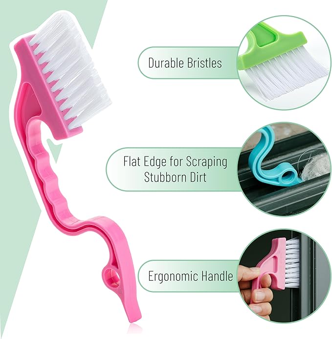 Slick- Window Track Cleaning Brush, 3 Pack, Colorful, Ergonomic Handle, Built-in Scraper, Multipurpose Window Track Cleaning Tools for Faucets, Shower Heads and Drains