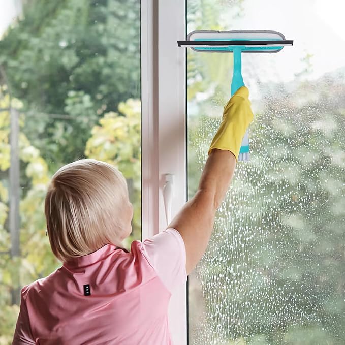 4 in 1 Window Cleaner Tool with Squeegee & Sprayer, 10" Streak-Free Scraper Kit, Portable Multifunction Refillable Bottle for Glass/Shower/Car (Blue)