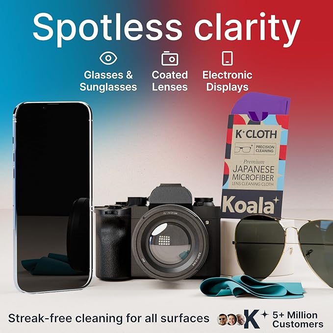 Koala Lens Cleaning Cloth | Japanese Microfiber | Glasses Cleaning Cloths | Eyeglass Lens Cleaner | Eyeglasses, Camera, VR/AR Headset, and Screen Cleaner | Blue & Purple (Pack of 12)