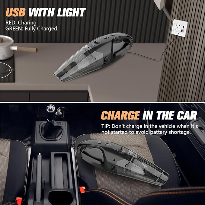BSRCO Handheld Vacuum Cordless Rechargeable 3-in-1, Car Vacuum Portable Cordless with USB Charge, Handheld Vacuum with LED Light, HEPA Filter, 1.65LBs Lightweight Vacuum Cleaner for Dust, Pet Hair