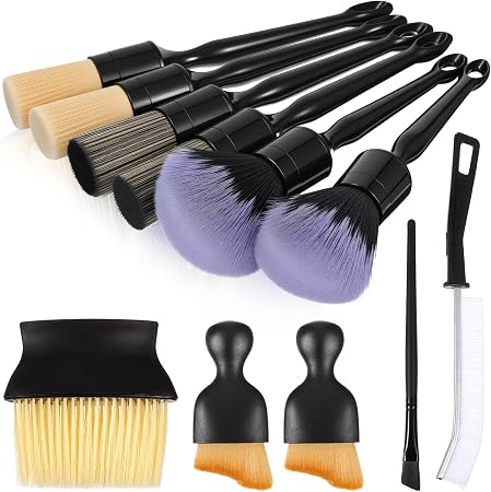 11PCS Car Detailing Brush Set Ultra Soft Boars Hair Car Interior Brushes No Scratch Car Dust Brush All-in-One Auto Detai