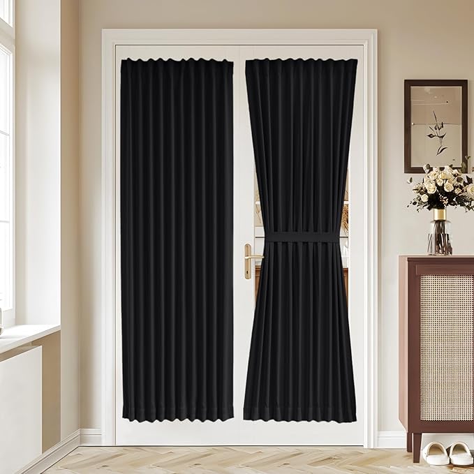 Vatge UV Blocking French Door Curtains - 50% Sunlight Filtering Self Adhesive Door Curtains for Glass Doors, 1 Panel, W36 x L72, Black