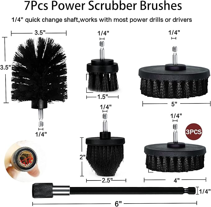 8 Pack Drill Brush Attachment Set, 1/4in Power Scrubber Brush + Extend Long Rod, Brush Drill Attachment, Power Cleaning Scrub Brush for Bathroom, Tub, Tile, Corner, Floor（Black）