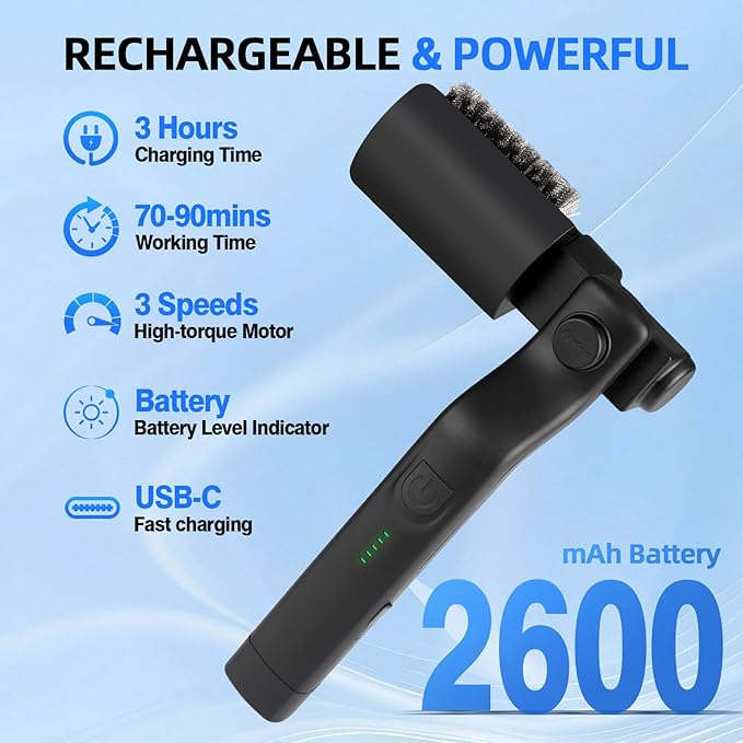 Upgraded Electric Grill Brush, Cordless Rechargeable Grill Cleaning Brush with Adjustable Angle, Stainless Steel Brush Head, 3-Speed Power, 90-Min Runtime, Waterproof Cleaner for BBQ Grates (Black)