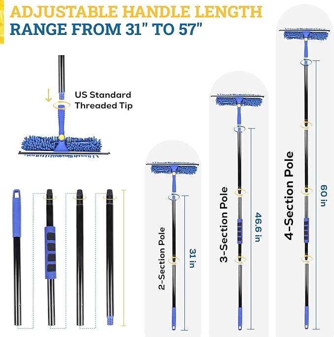 Kleen Handler 2-in-1 Window Squeegee with 60” Extendable Pole, Rotatable Glass Cleaner Tool for Commercial and Residential Use, 2 Reusable Sleeves and 14” Blade