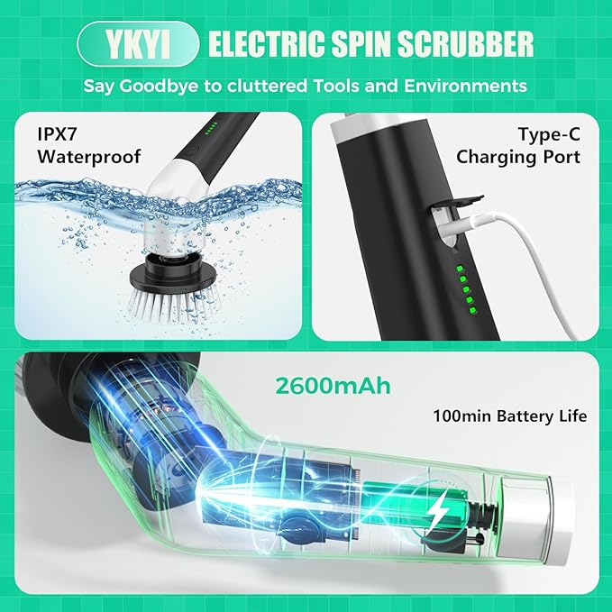 YKYI Electric Spin Scrubber, Cordless Power Scrubber Cleaning Tool with 8 Replaceable Heads and Extension Handle for Bathroom, Tub, Tile, Floor, Grout and Car (White)
