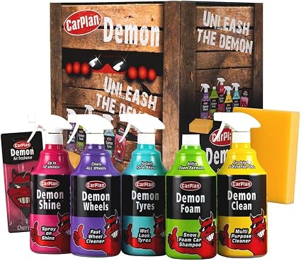 CarPlan Demon Car Wash Kit - 7 Piece Set Includes Car Wash Soap, Wheel Cleaner, Tire Shine, Interior Cleaner, Demon Shin