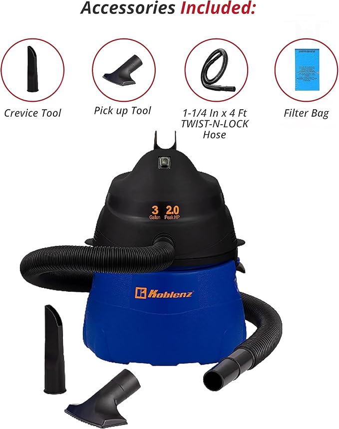 Koblenz Wet Dry Vacuum Cleaner, 3 Gallon 2.0 PHP, Twist-N-Lock Hose, Small Shop Vac, Portable Shop Vac for Home Car Garage Workshop, 10 ft Reach, Accessories Included, Blue/Black, WD-353L
