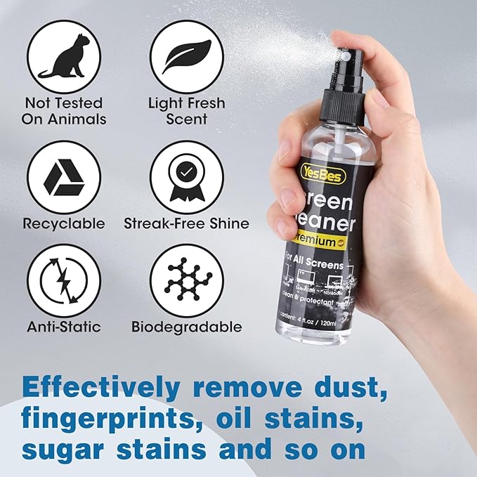 Screen Cleaner Spray 16oz (4oz x 4 Pack) - TV Screen Cleaner Spray and 2 Microfiber Cloths, Computer Screen Cleaner & Car Screen Cleaner for TV, Monitor, Laptop, MacBook, iPad