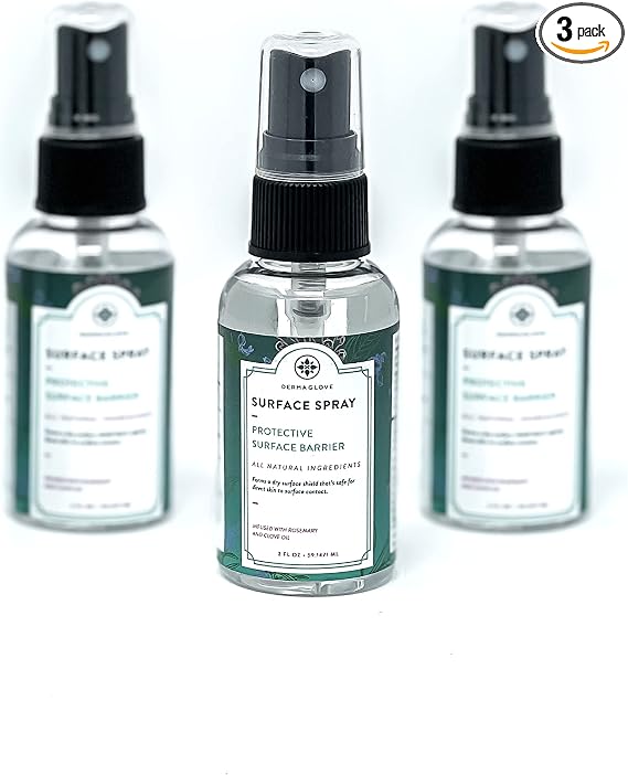 DERMAGLOVE SURFACE SPRAY 3 PACK KIT, 3 Mini 2 FL OZ spray bottles, Organics meets science spray purifies unsafe surfaces