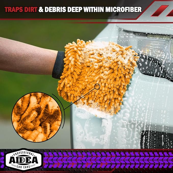 AIDEA Car Wash Mitt Microfiber, 2PK Scratch Free Lint-Free, Premium Chenille Microfiber Mitt Car Wash Brush, Orange, Regular Size 7.12''X10.14''