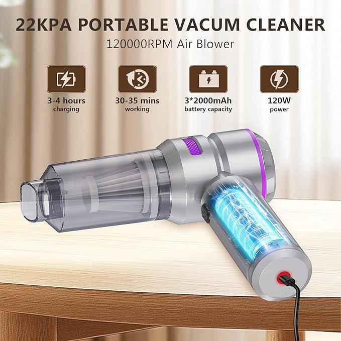 Cordless Car Vacuum 22000PA, Handheld with Brushless Motor, 4-in-1 Portable Vacuum & Blower/Inflator, HEPA Filter, Pet Brush, Type-C for Car Home Office (Purple)
