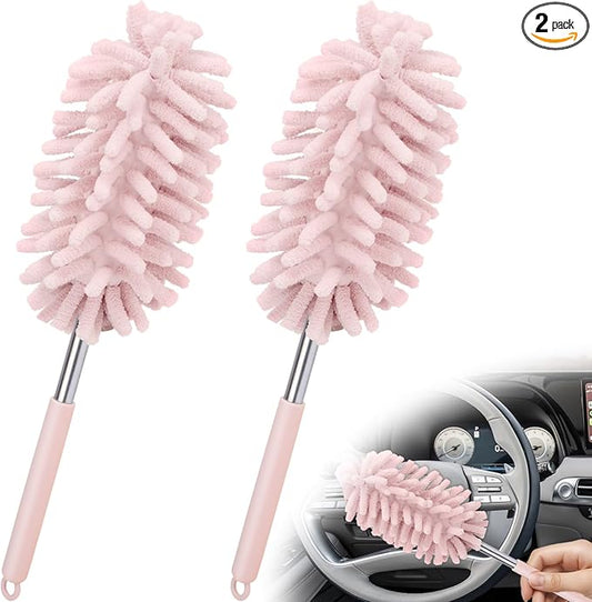 2 PCS Car Interior Duster with Extension Pole, Microfiber Car Duster with Bendable Head, Car Accessories Dusters Exterior&Interior Scratch Free, for Cleaning of Vehicle Details, Offices, Windows(Pink)