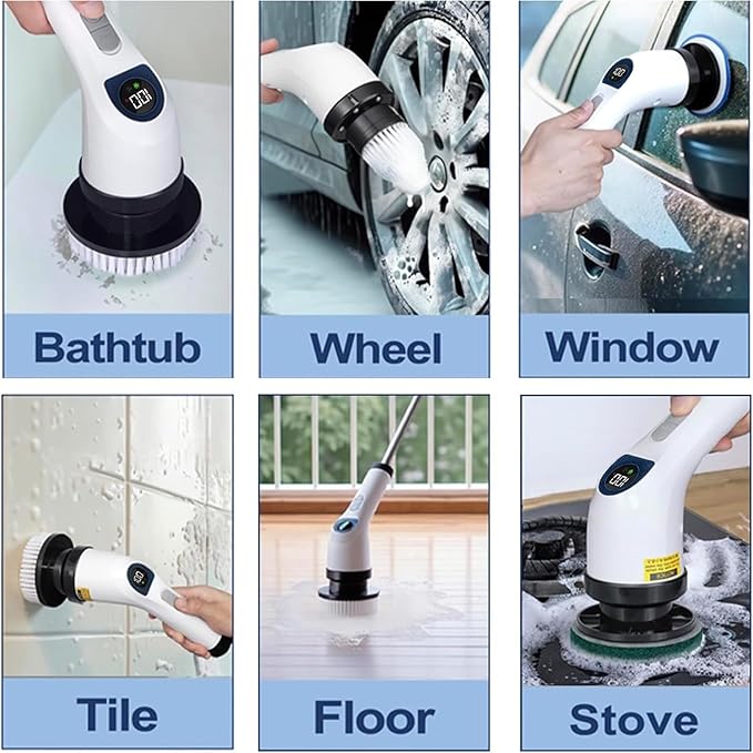 Cleanninja Electric Spin Scrubber for Cleaning, Adjustable Shower Brush with 7 Replaceable Heads & Power LED Display, 2 Speed Waterproof Cordless Shower Scrubber for Bathtub, Kitchen, Car, White