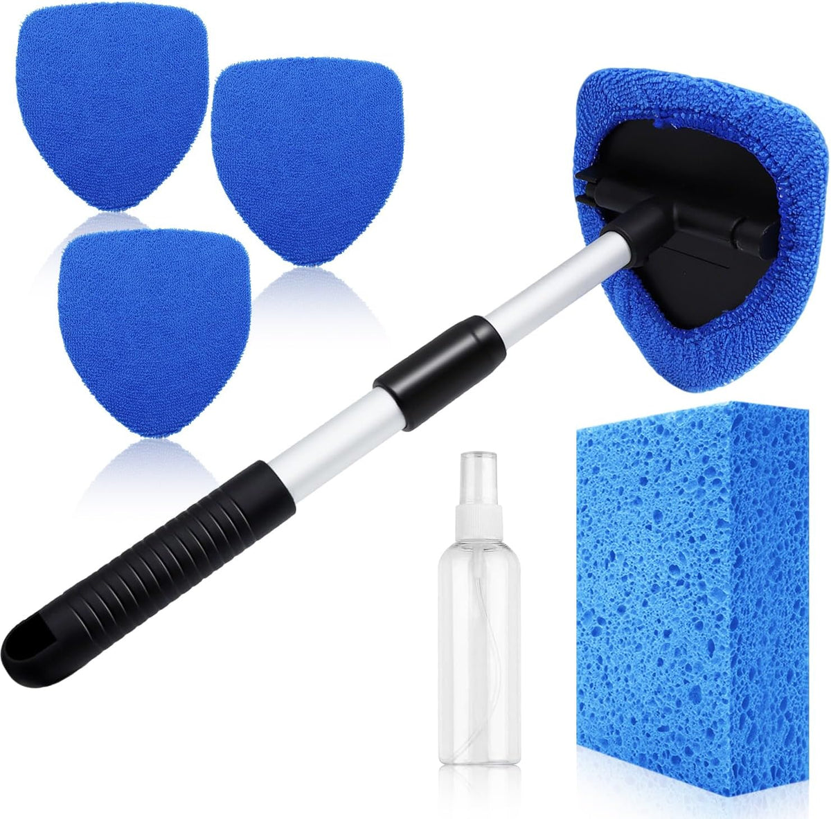 Windshield Cleaner Tool 22.5" L - Car Interior&Exterior Window Cleaning Kit with Extendable Handle&4 Microfiber Pads and Thick Large Wash Sponge, Auto Glass Wiper Brush Kit for Cars Home (7pcs Blue)