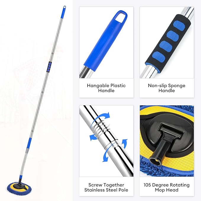 Wall Cleaner, Max 66'' Wall Mop with Long Handle, Ceiling Dust Mop with 15° Labor-Saving Elbow Extension Pole, Baseboard Duster Washer Scrubber, High Reach Window Cleaning Brush, Roof Cleaning Tool-BU