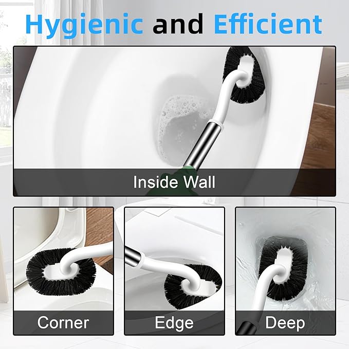 Toilet Brush and Holder Set, Curved Toilet Brush with Stainless Steel Handle, Under Rim Toilet Bowl Brush for Deep Cleaning, Drip-Proof, White