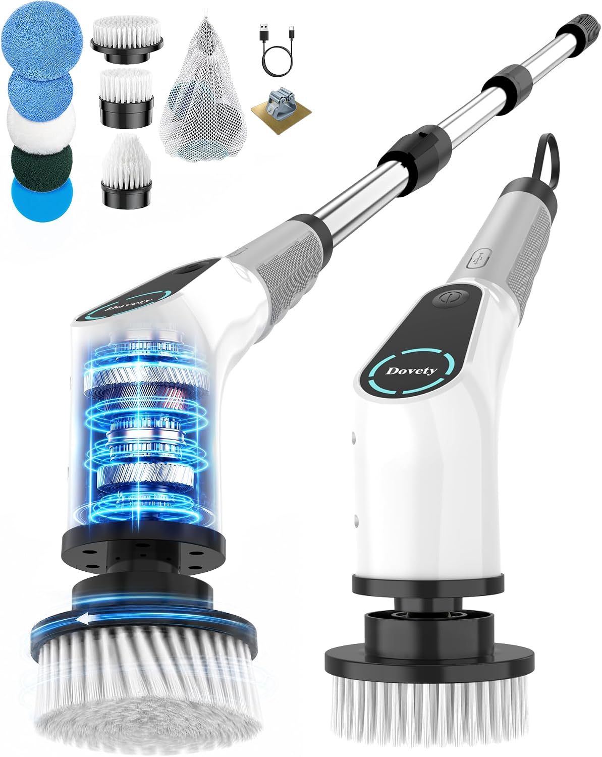 Electric Spin Scrubber, Extendable Handle, 8 Brush Heads-WH