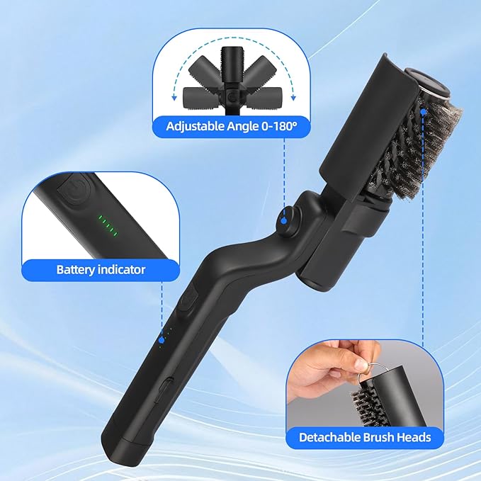 Upgraded Electric Grill Brush, Cordless Rechargeable Grill Cleaning Brush with Adjustable Angle, Stainless Steel Brush Head, 3-Speed Power, 90-Min Runtime, Waterproof Cleaner for BBQ Grates (Black)