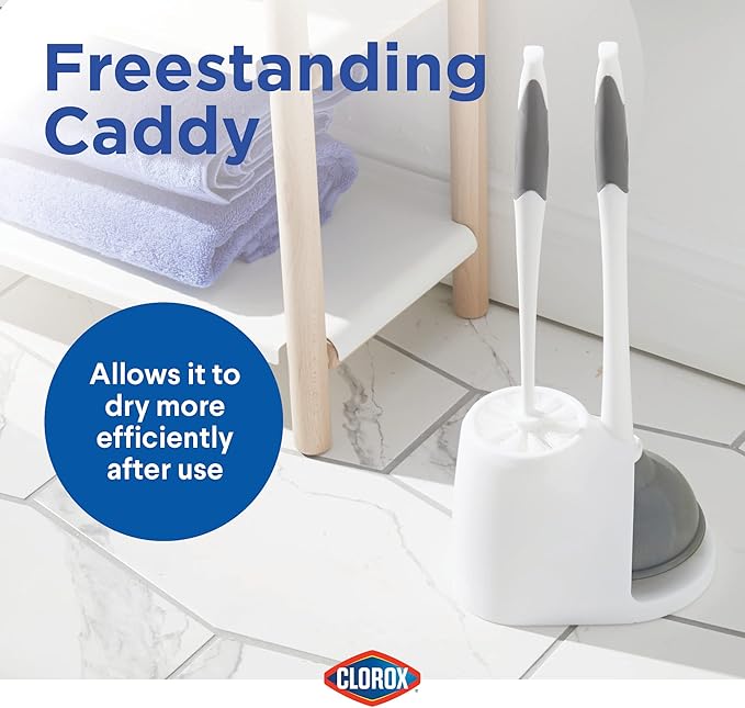 Clorox Toilet Plunger and Brush Bowl Set with Holder Caddy Storage for Cleaning Bathroom and Unclogging Toilets, White & Gray (Pack of 12)