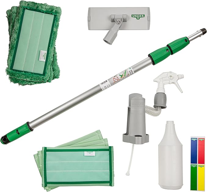 Unger Commercial SpeedClean Window Cleaning Kit – Complete Set with Telescopic Pole, Washing Pad for Streak-Free Windows and Glass