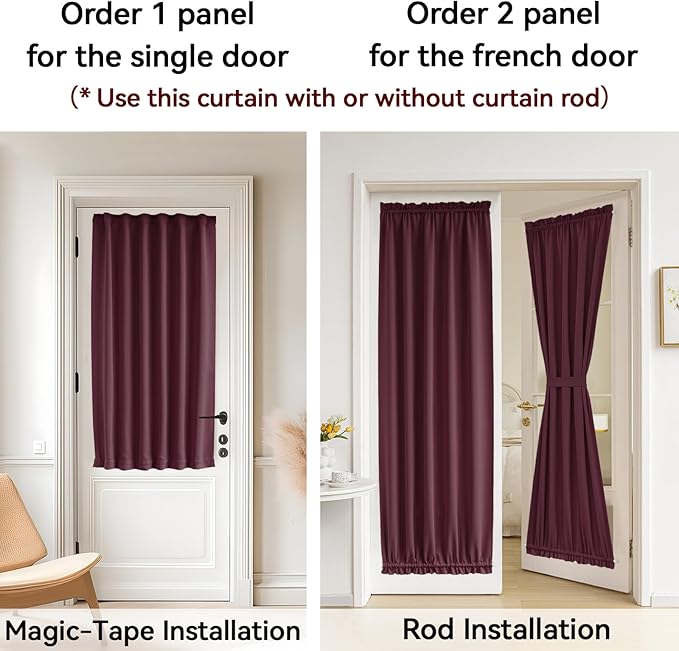 Vatge Self Adhesive Burgundy Red French Door Curtains - No Drill Rodless Blackout Panels for Sliding Glass Doors, 1 Panel, W36 x L72, Burgundy