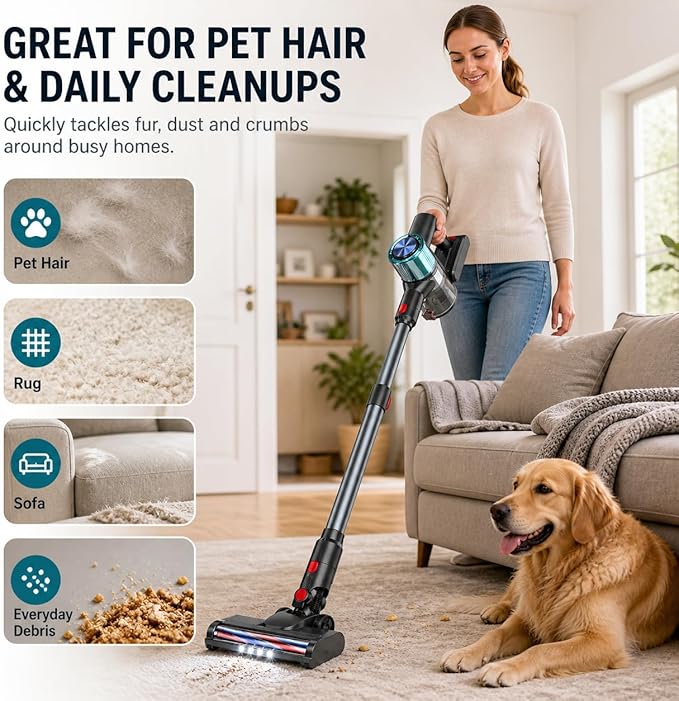 Cordless Vacuum Cleaner, Stick Vacuum for Pet Hair & Hardwood Floor, Self-Standing Rechargeable Vacuum with Smart LED Display, Lightweight Battery Powered Vacuum for Home, Dorm, & Dog Hair-Aqua