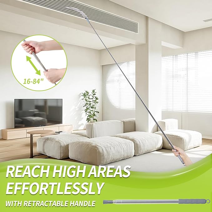 IVYROLL Skinny Duster with Extension Pole for Under Furniture, Under Appliance Cleaning Tool with 3 Microfiber Dusting Cloths, Retractable Flat Duster for Under Refrigerator, Tight Spaces, Gap