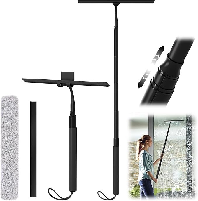 Shower Squeegee for Glass Doors, 15-51" Telescopic Shower Squeegee with Long Handle, Squeegee for Window Cleaning, Extendable Window Cleaner Tool for Tile Walls, Sliding Door, Floor, Car Windshield-BK