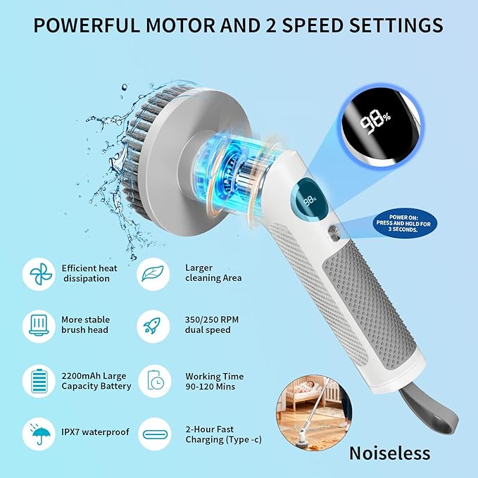 Electric Spin Scrubber, Cordless 20W High-Torque Cleaning Brush Bathroom Scrubber, IPX7 Waterproof Electric Scrubber with 6 Brush Heads, Extendable Long Handle Power Scrubber for Bathtub Floor