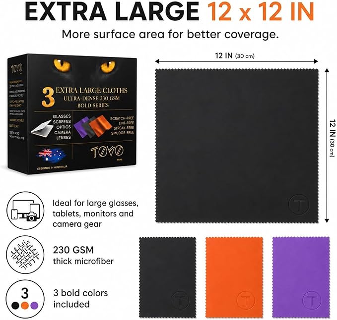 Extra Large Microfiber Cleaning Cloth – 3 Pack, 12"x12", 230 GSM Thick Lens Cleaner for Glasses, Camera & Screens, Ultra Soft, Streak-Free, Lint-Free, Scratch-Safe (Bold Series)