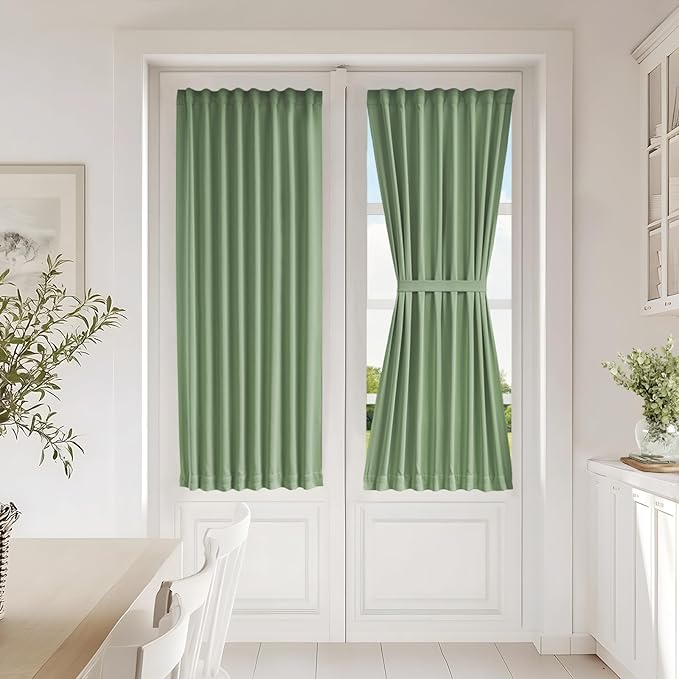 Vatge Privacy French Door Curtain - Thermal Insulated Self Adhesive Blackout Door Curtains with Tieback, 1 Panel, W25 x L54, Sage Green