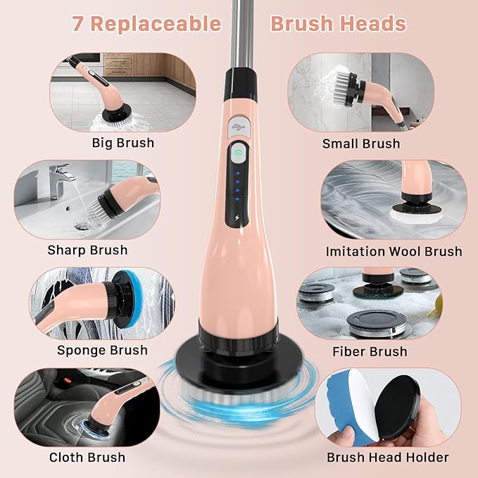 Electric Spin Scrubber with 7 Replaceable Brush Heads, 2-Speed Power, Extendable Handle up to 54 Inch – Bathroom, Shower, Bathtub, Tile & Kitchen